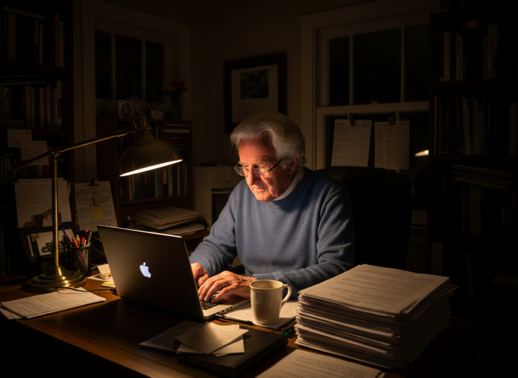 Neil writing on his laptop late at night